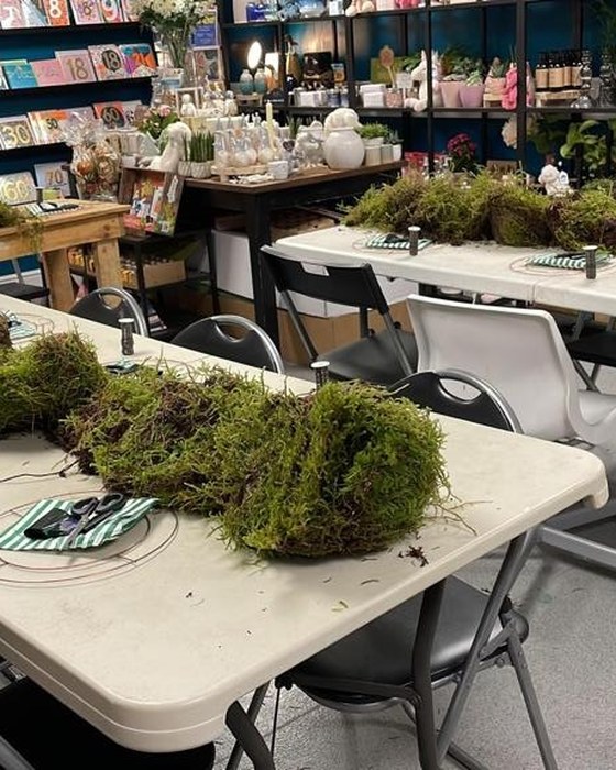 Moss rings set out ready for a wreath workshop