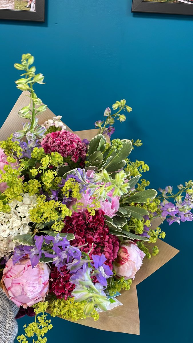 Example hand tied bouquet with seasonal flowers